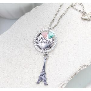 Antique Silver Oui Eiffel Tower Necklace – City of Love & Romance Glass Flowers